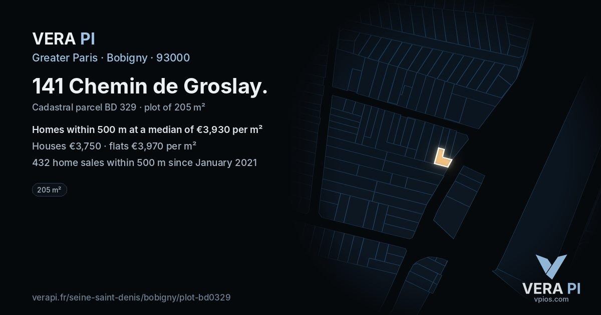141 Chemin de Groslay, Bobigny at night – the plot lit, the parcels around coloured by the prices near them