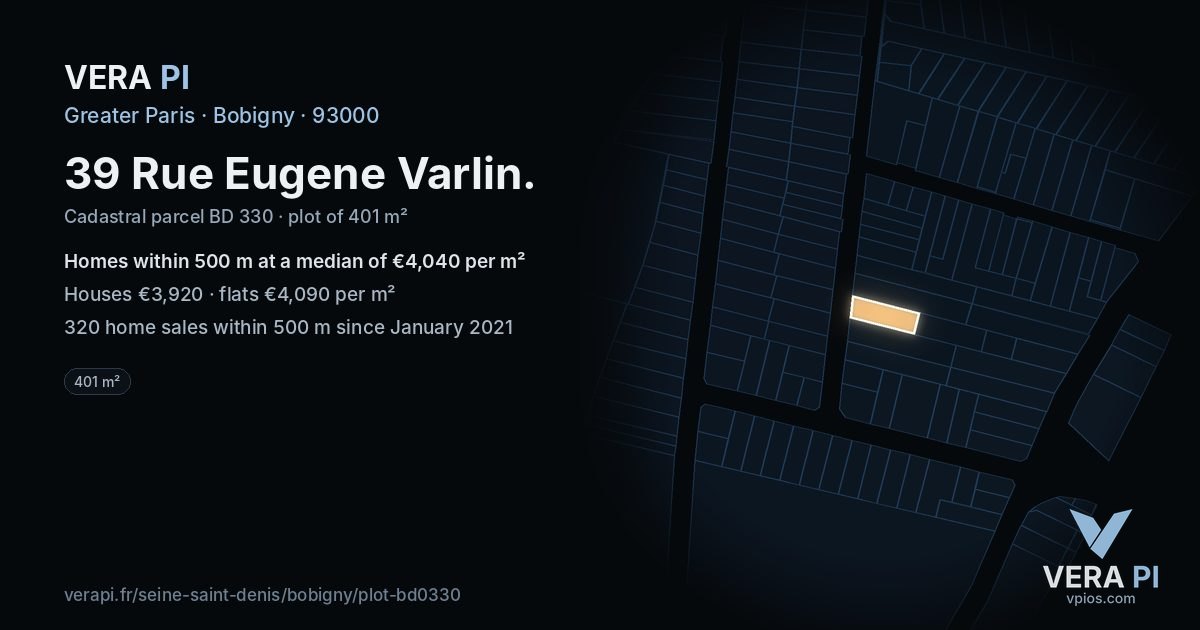 39 Rue Eugene Varlin, Bobigny at night – the plot lit, the parcels around coloured by the prices near them