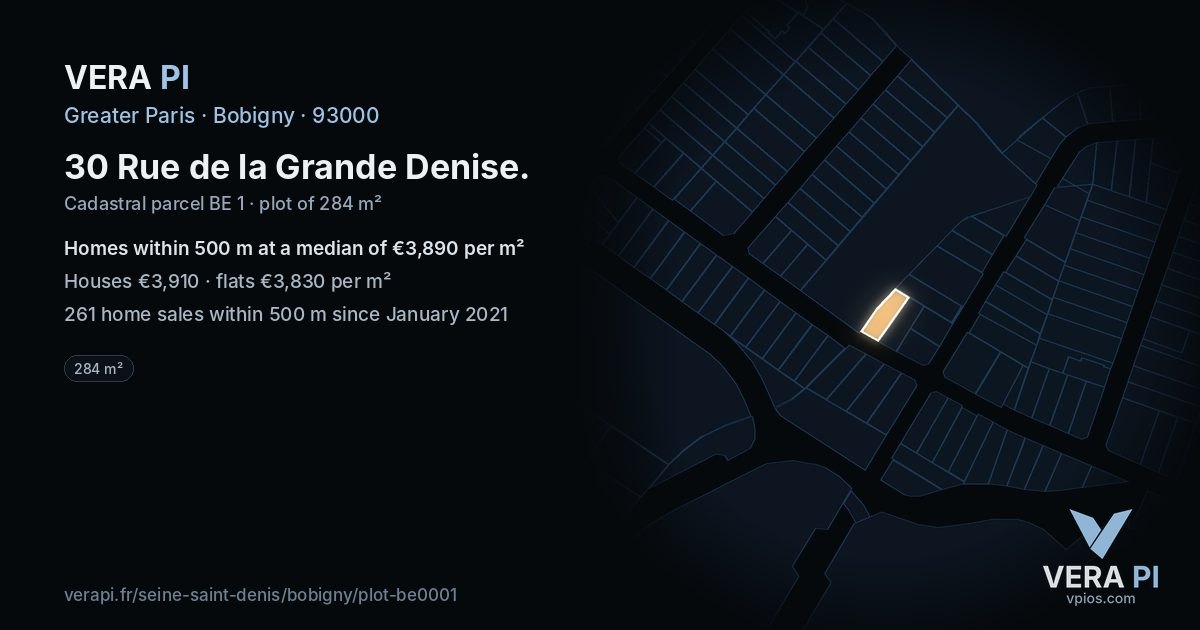 30 Rue de la Grande Denise, Bobigny at night – the plot lit, the parcels around coloured by the prices near them