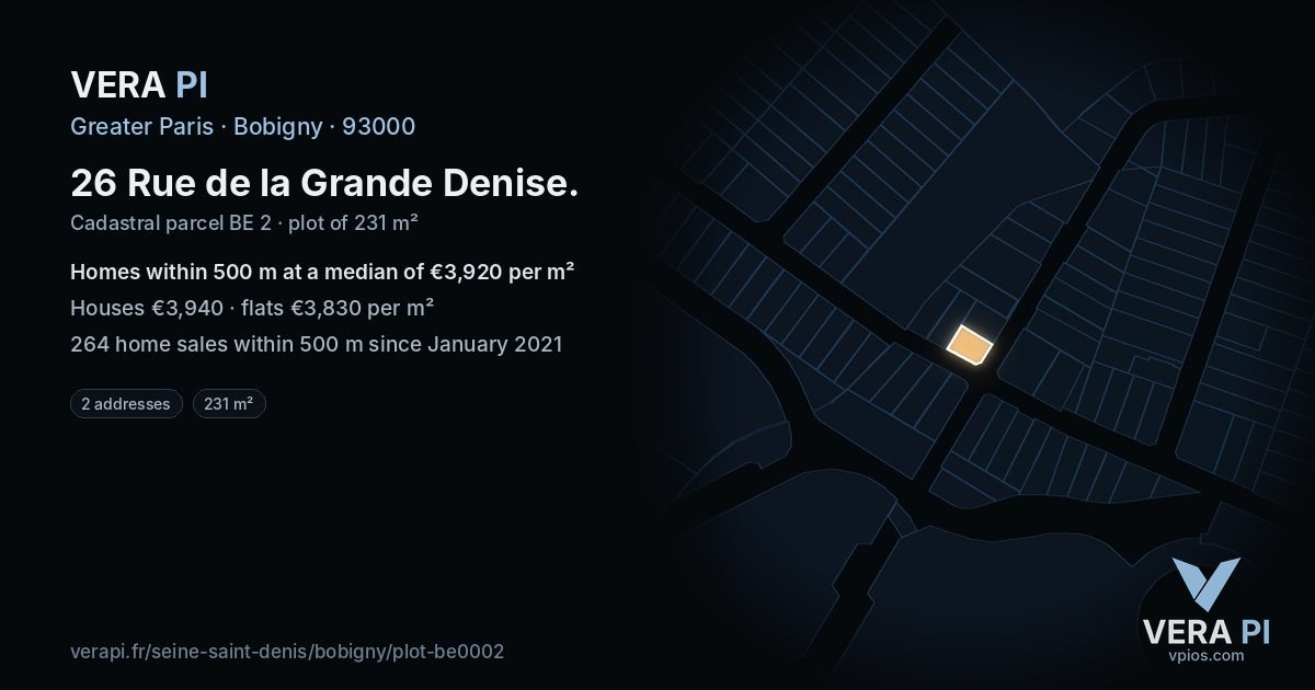 26 Rue de la Grande Denise, Bobigny at night – the plot lit, the parcels around coloured by the prices near them