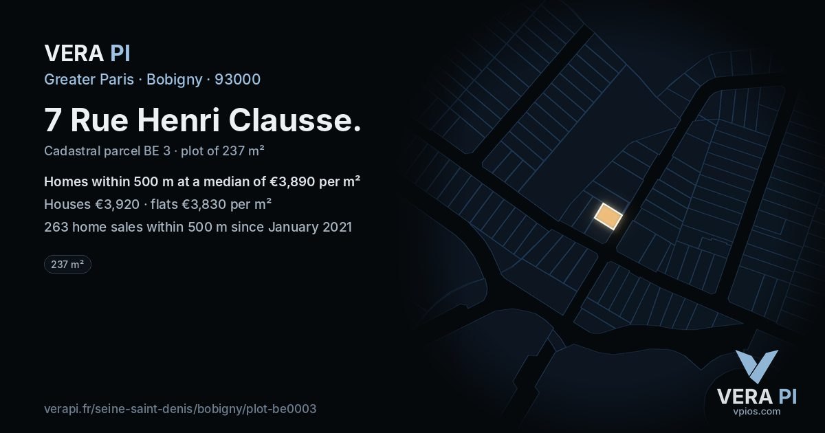 7 Rue Henri Clausse, Bobigny at night – the plot lit, the parcels around coloured by the prices near them