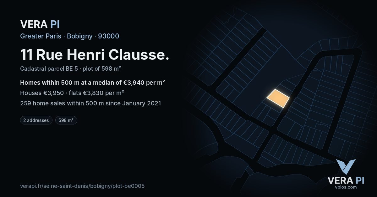 11 Rue Henri Clausse, Bobigny at night – the plot lit, the parcels around coloured by the prices near them