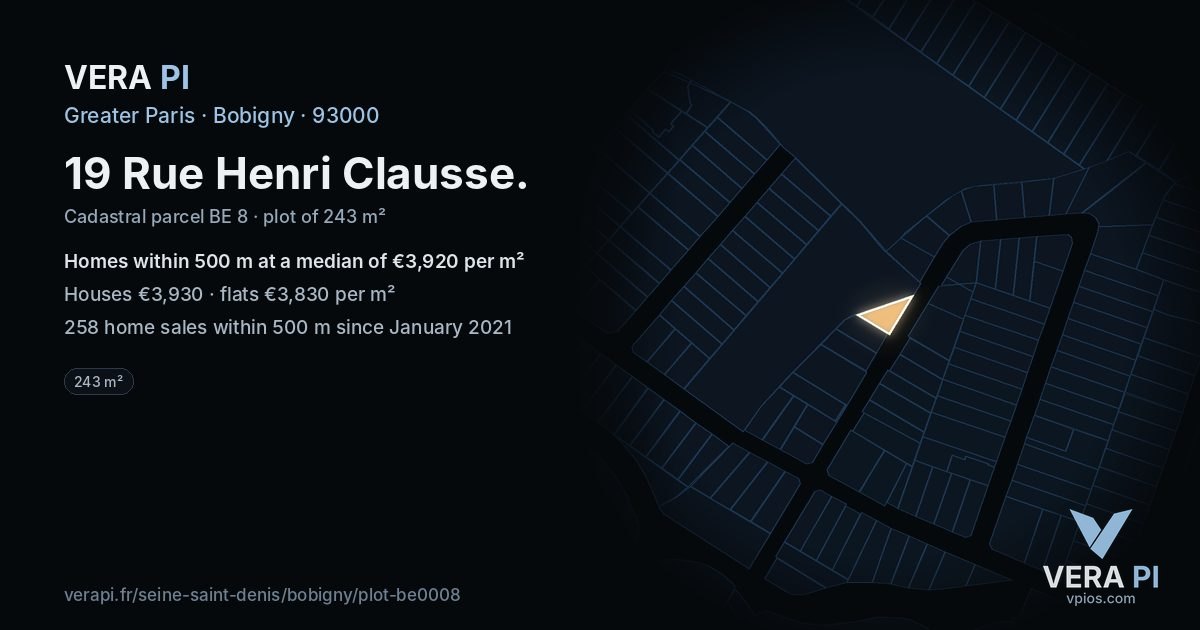 19 Rue Henri Clausse, Bobigny at night – the plot lit, the parcels around coloured by the prices near them