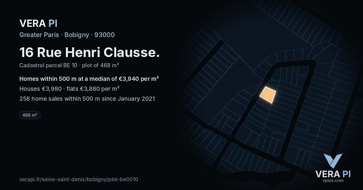 16 Rue Henri Clausse, Bobigny at night – the plot lit, the parcels around coloured by the prices near them