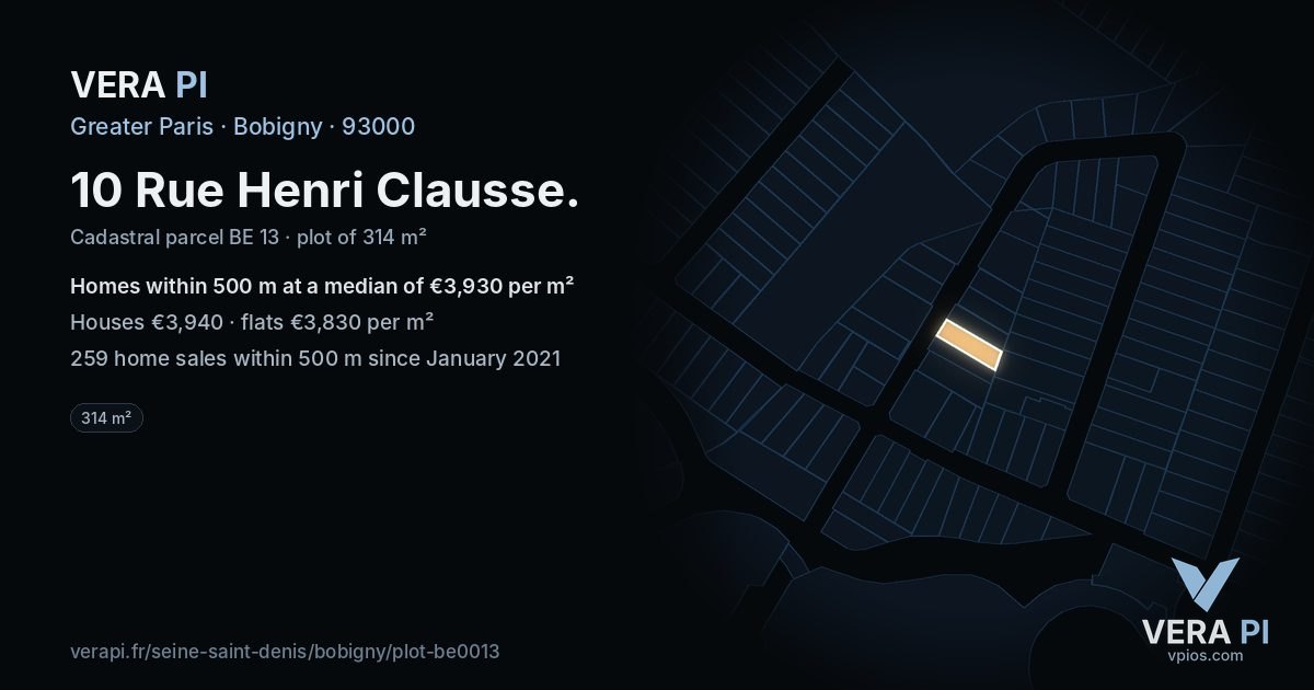 10 Rue Henri Clausse, Bobigny at night – the plot lit, the parcels around coloured by the prices near them