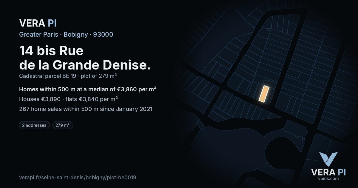 14 bis Rue de la Grande Denise, Bobigny at night – the plot lit, the parcels around coloured by the prices near them