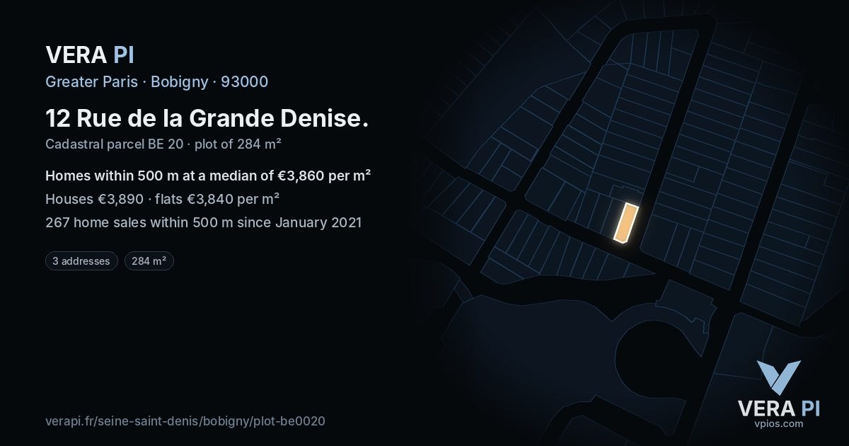 12 Rue de la Grande Denise, Bobigny at night – the plot lit, the parcels around coloured by the prices near them