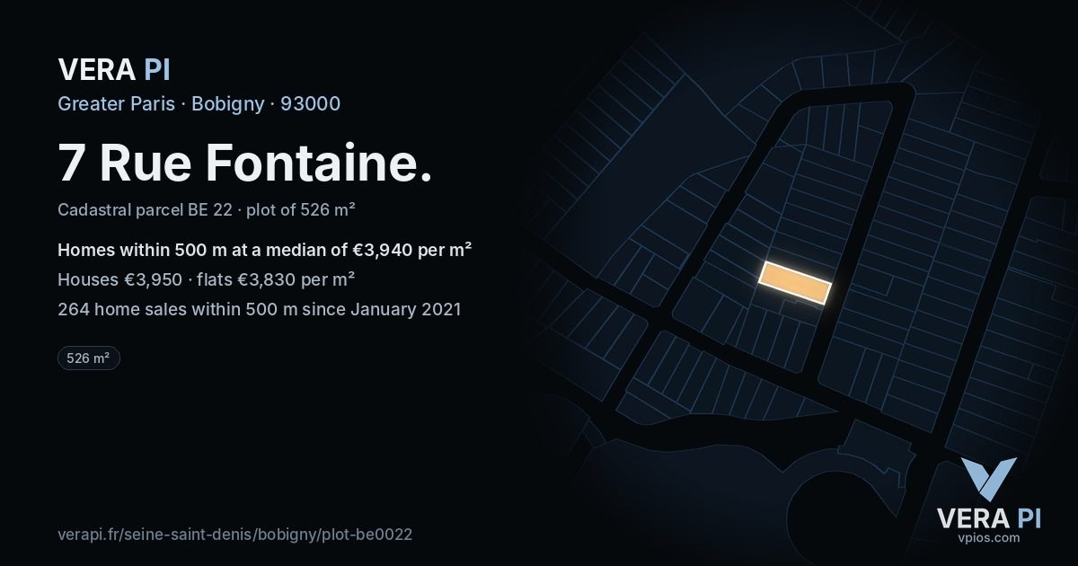 7 Rue Fontaine, Bobigny at night – the plot lit, the parcels around coloured by the prices near them