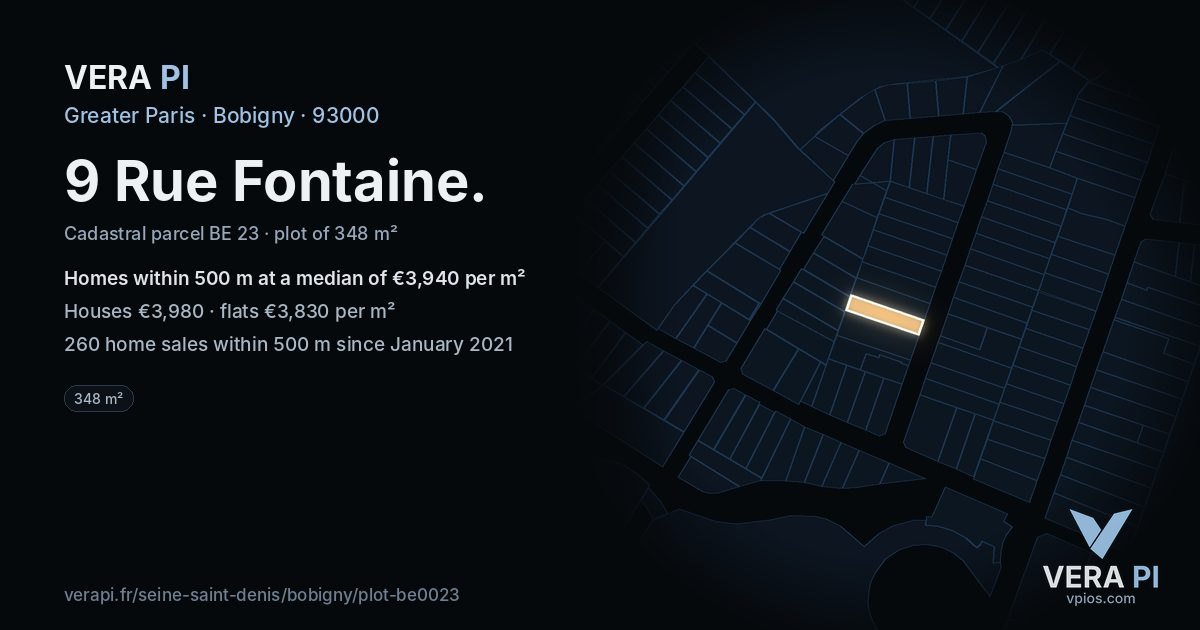 9 Rue Fontaine, Bobigny at night – the plot lit, the parcels around coloured by the prices near them