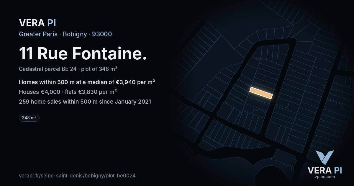 11 Rue Fontaine, Bobigny at night – the plot lit, the parcels around coloured by the prices near them