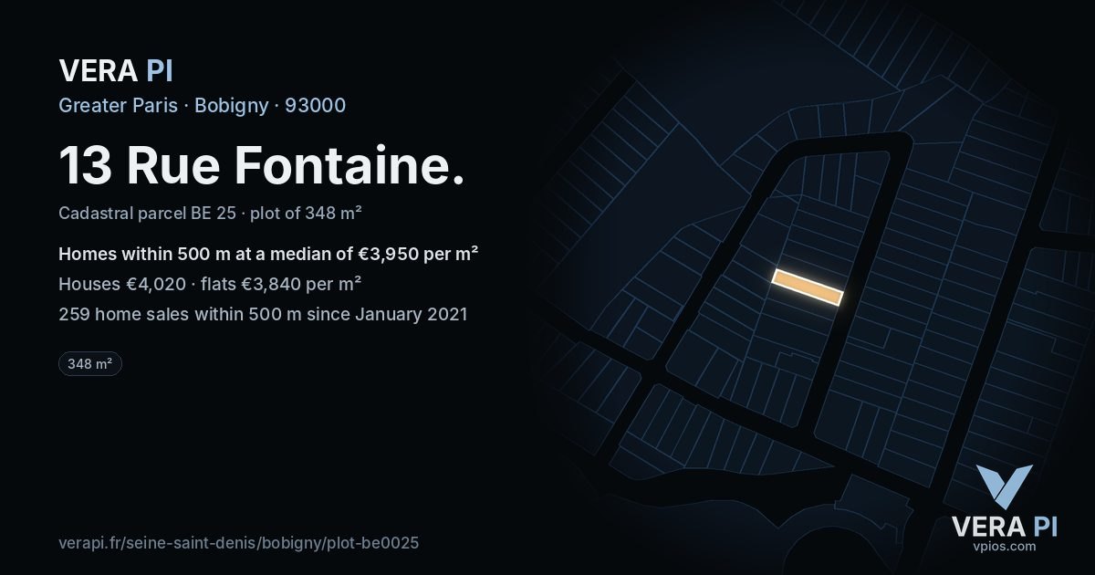 13 Rue Fontaine, Bobigny at night – the plot lit, the parcels around coloured by the prices near them