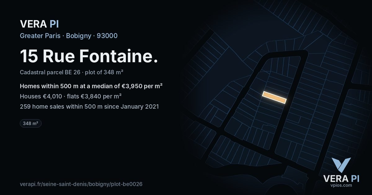 15 Rue Fontaine, Bobigny at night – the plot lit, the parcels around coloured by the prices near them