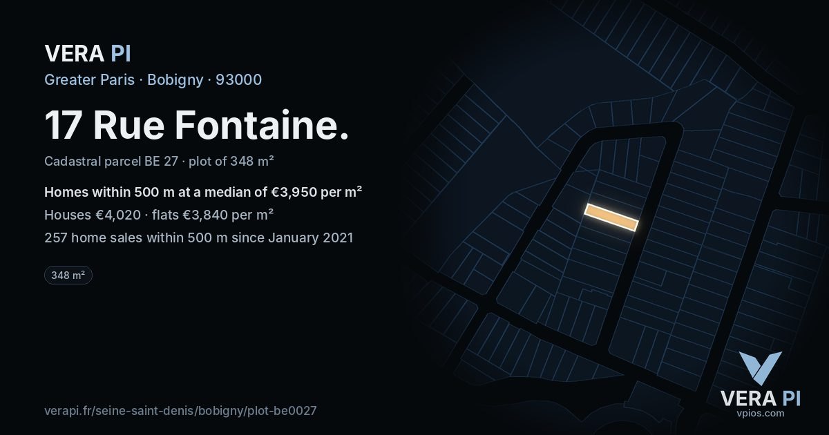 17 Rue Fontaine, Bobigny at night – the plot lit, the parcels around coloured by the prices near them
