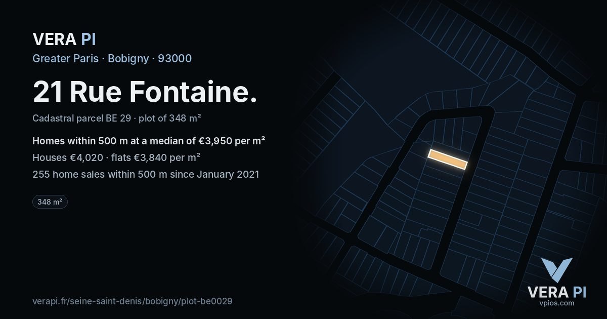 21 Rue Fontaine, Bobigny at night – the plot lit, the parcels around coloured by the prices near them