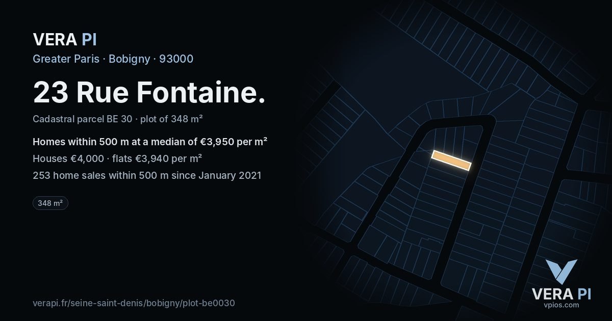 23 Rue Fontaine, Bobigny at night – the plot lit, the parcels around coloured by the prices near them