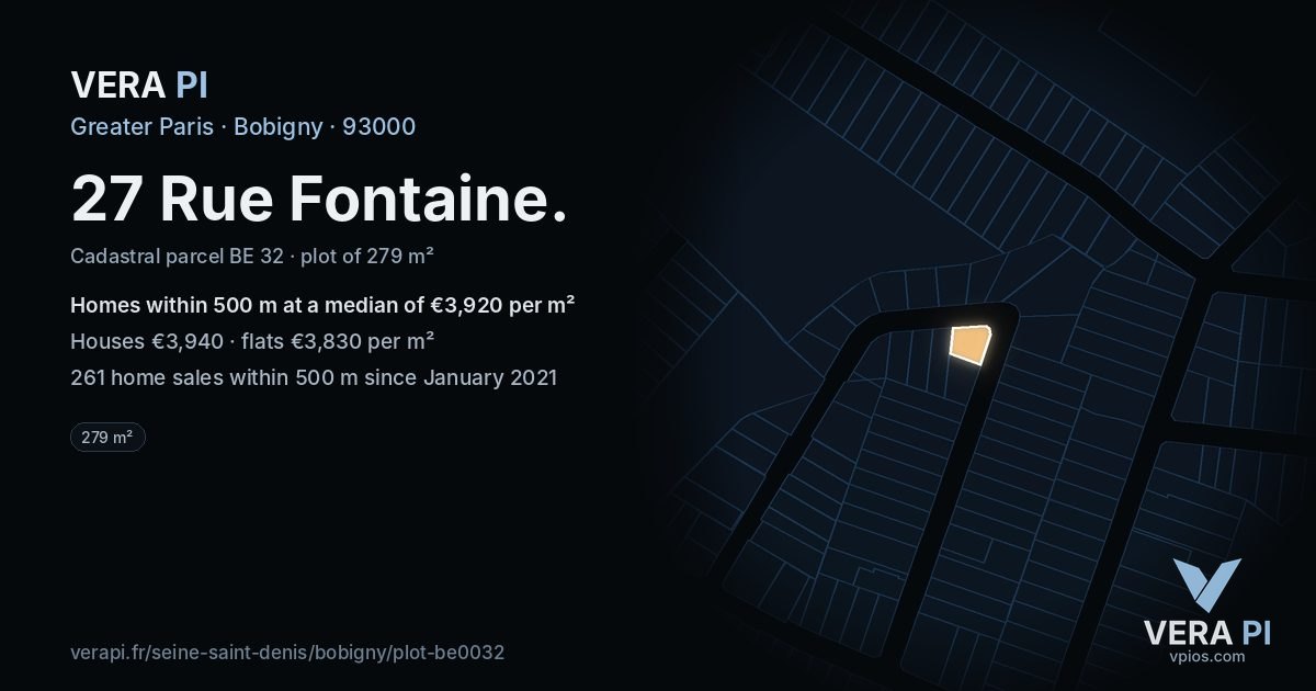 27 Rue Fontaine, Bobigny at night – the plot lit, the parcels around coloured by the prices near them