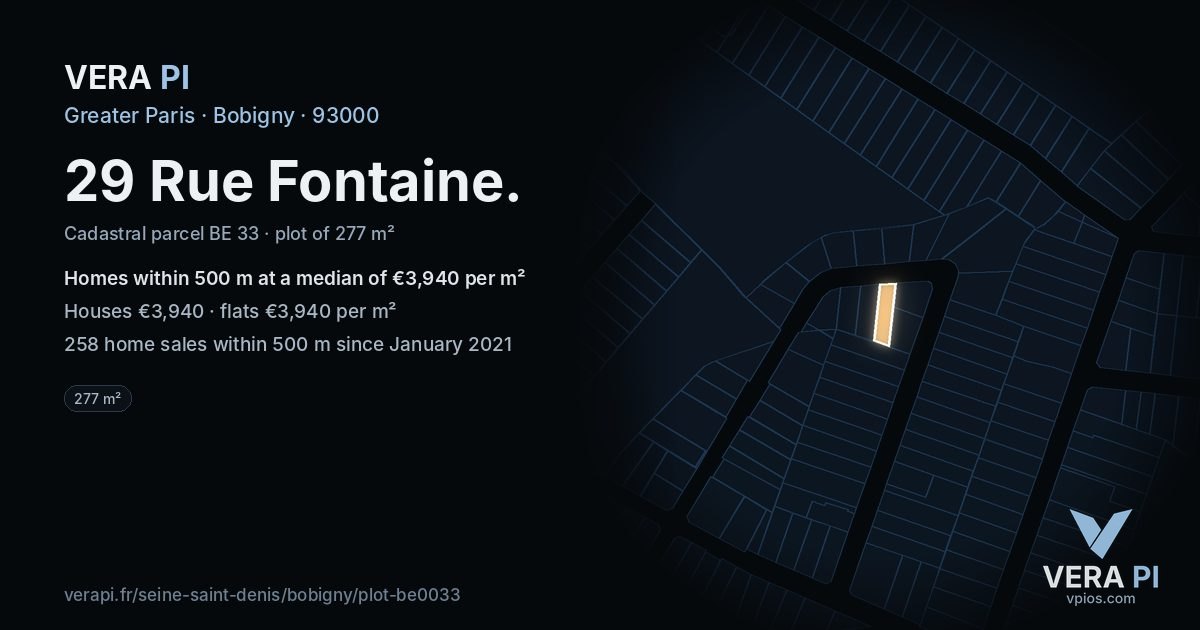 29 Rue Fontaine, Bobigny at night – the plot lit, the parcels around coloured by the prices near them