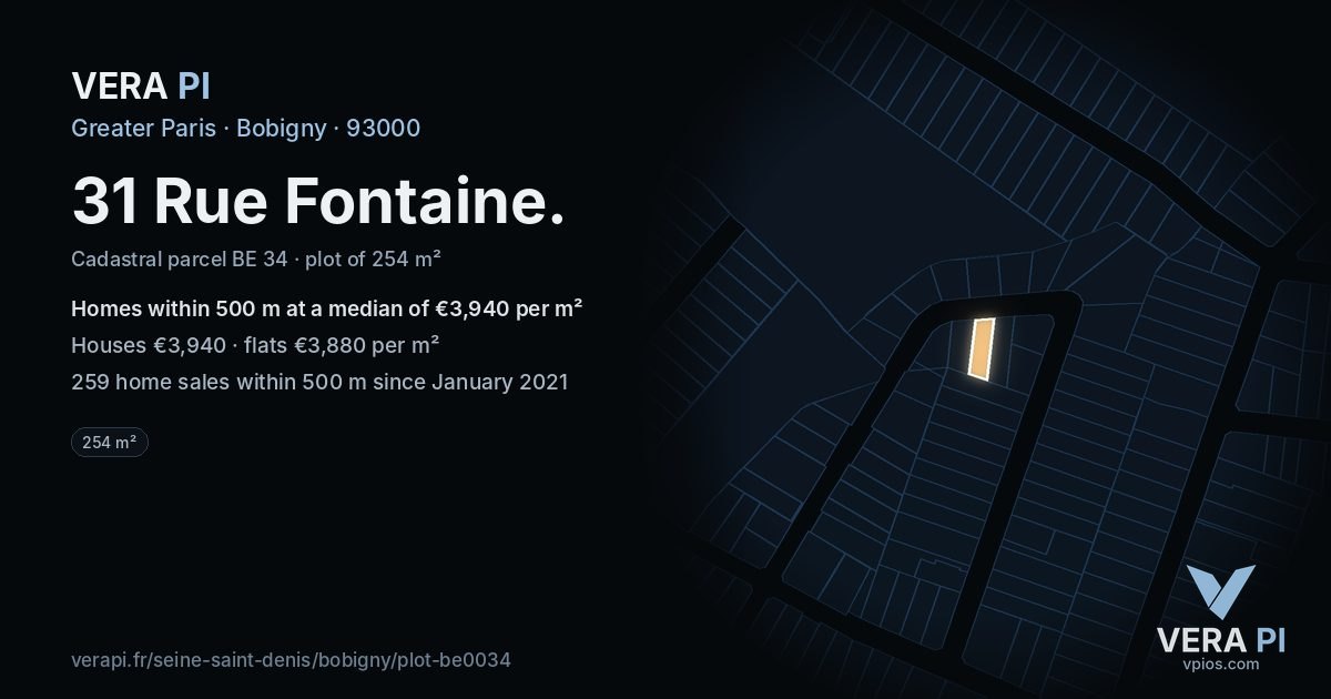 31 Rue Fontaine, Bobigny at night – the plot lit, the parcels around coloured by the prices near them