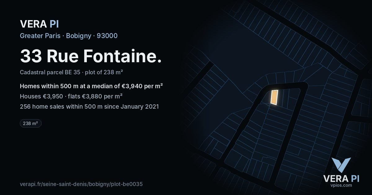 33 Rue Fontaine, Bobigny at night – the plot lit, the parcels around coloured by the prices near them