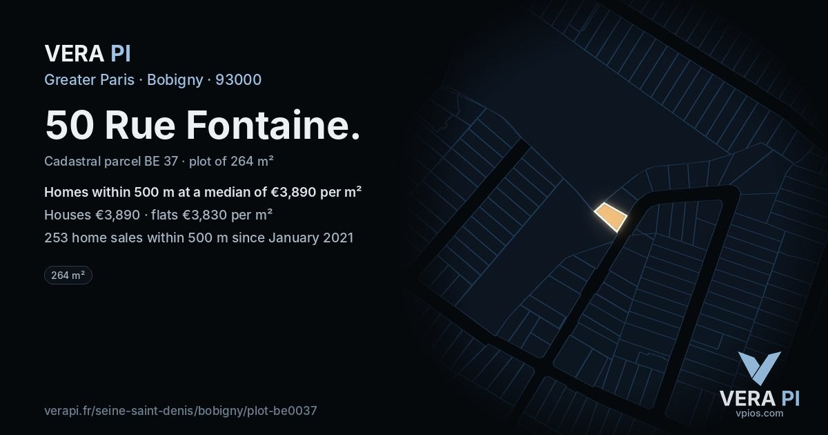 50 Rue Fontaine, Bobigny at night – the plot lit, the parcels around coloured by the prices near them