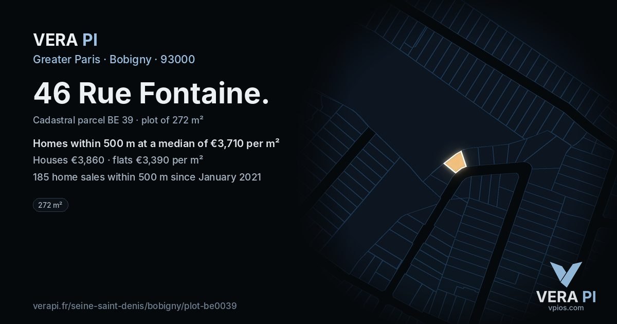 46 Rue Fontaine, Bobigny at night – the plot lit, the parcels around coloured by the prices near them