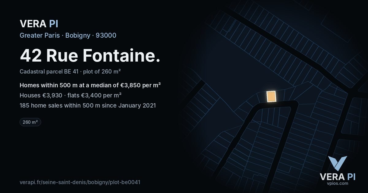 42 Rue Fontaine, Bobigny at night – the plot lit, the parcels around coloured by the prices near them