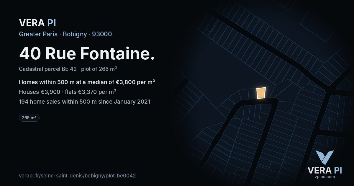 40 Rue Fontaine, Bobigny at night – the plot lit, the parcels around coloured by the prices near them