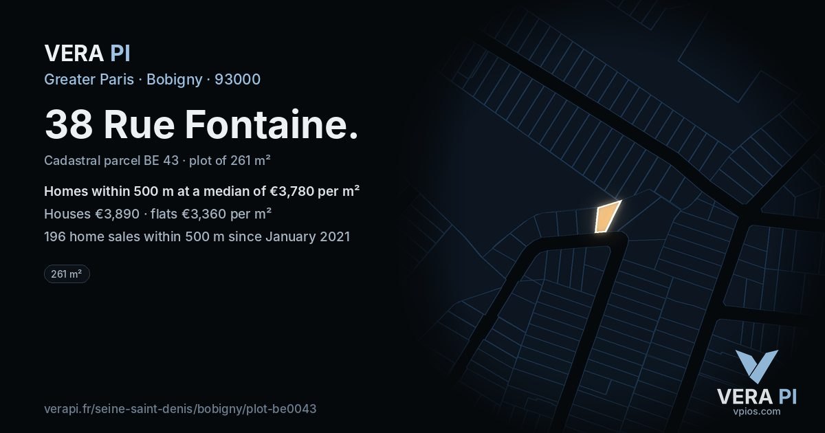 38 Rue Fontaine, Bobigny at night – the plot lit, the parcels around coloured by the prices near them