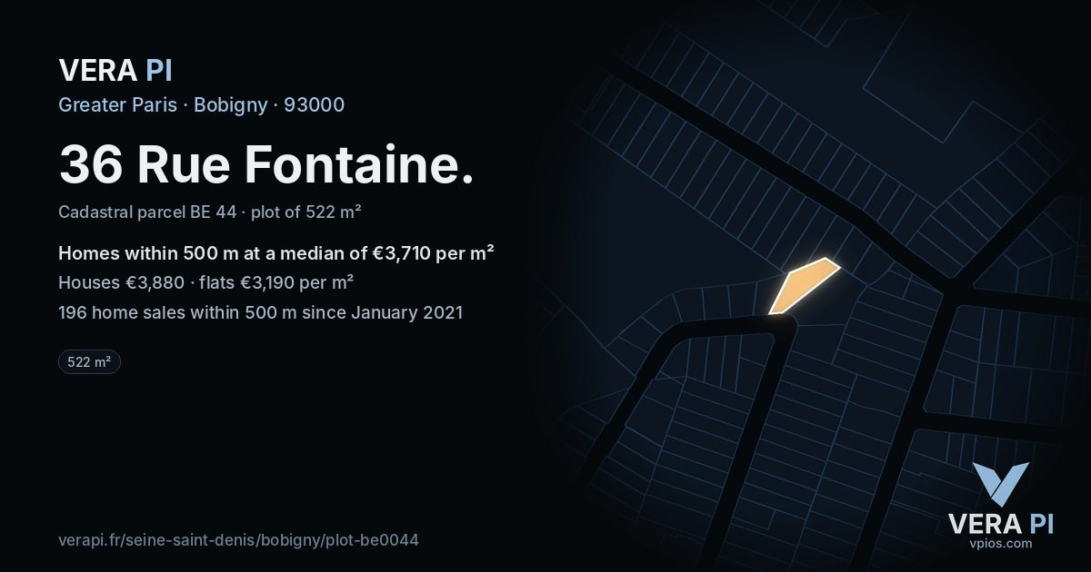 36 Rue Fontaine, Bobigny at night – the plot lit, the parcels around coloured by the prices near them