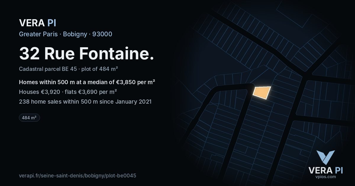 32 Rue Fontaine, Bobigny at night – the plot lit, the parcels around coloured by the prices near them