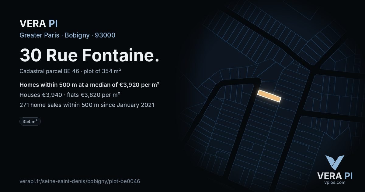 30 Rue Fontaine, Bobigny at night – the plot lit, the parcels around coloured by the prices near them