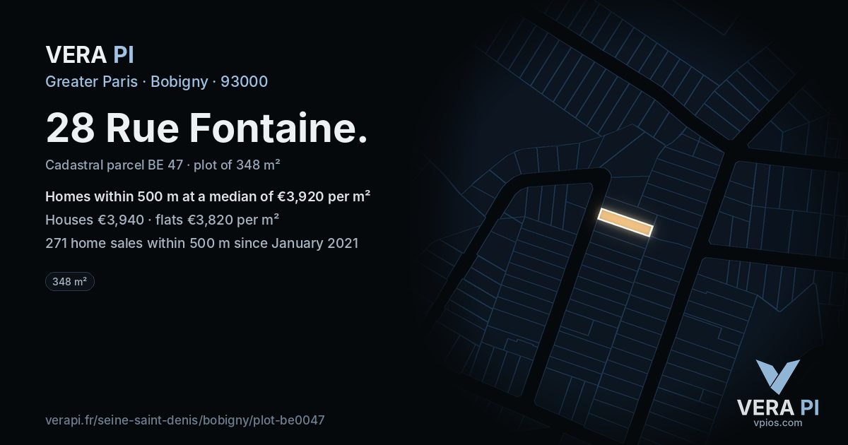 28 Rue Fontaine, Bobigny at night – the plot lit, the parcels around coloured by the prices near them