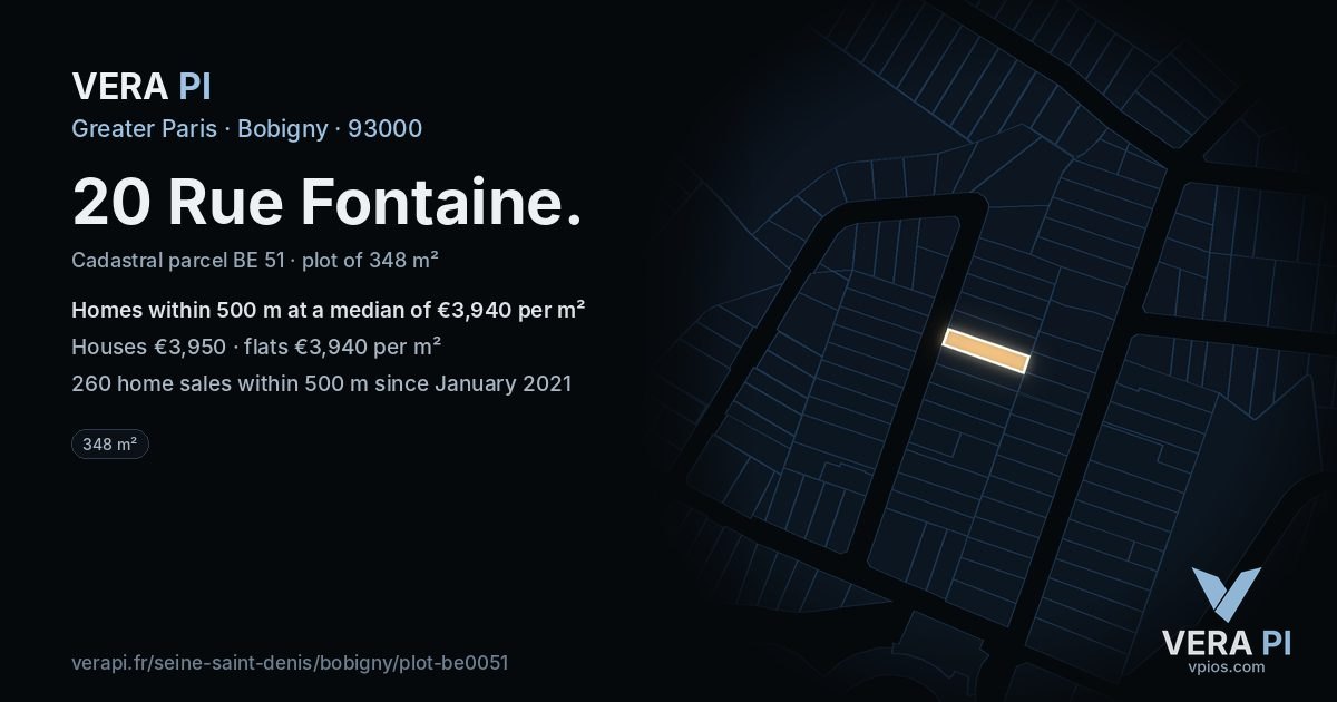 20 Rue Fontaine, Bobigny at night – the plot lit, the parcels around coloured by the prices near them