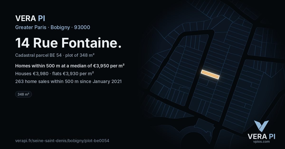 14 Rue Fontaine, Bobigny at night – the plot lit, the parcels around coloured by the prices near them