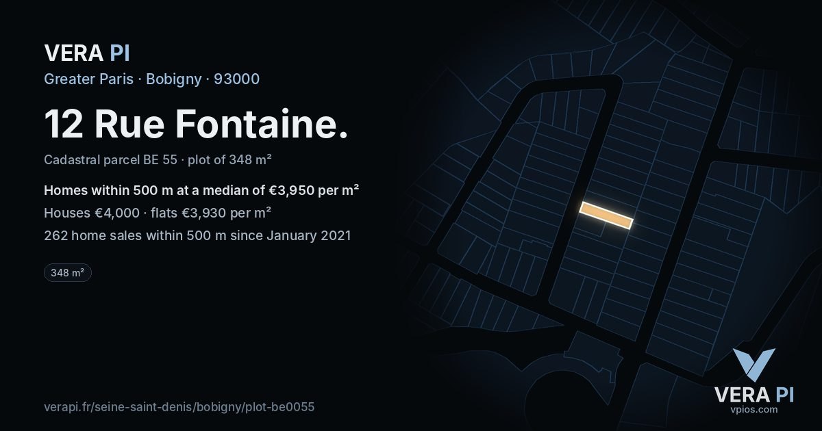 12 Rue Fontaine, Bobigny at night – the plot lit, the parcels around coloured by the prices near them