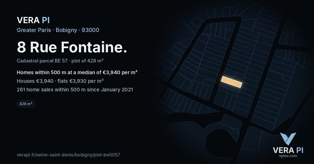8 Rue Fontaine, Bobigny at night – the plot lit, the parcels around coloured by the prices near them
