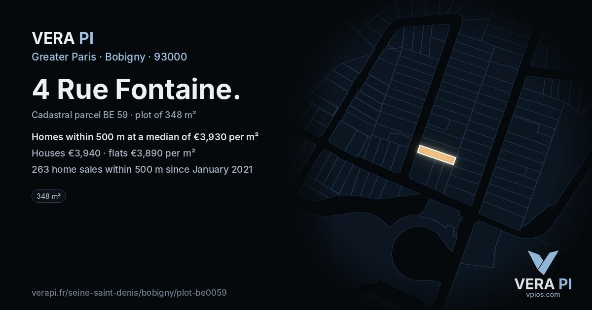 4 Rue Fontaine, Bobigny at night – the plot lit, the parcels around coloured by the prices near them