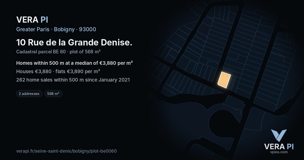 10 Rue de la Grande Denise, Bobigny at night – the plot lit, the parcels around coloured by the prices near them