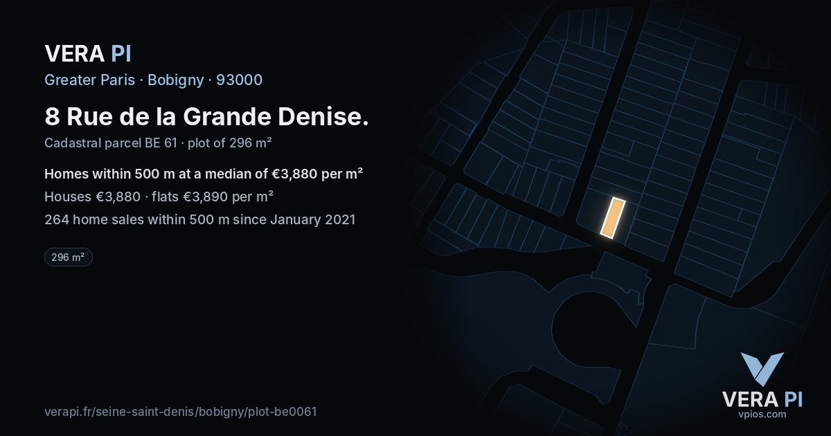 8 Rue de la Grande Denise, Bobigny at night – the plot lit, the parcels around coloured by the prices near them