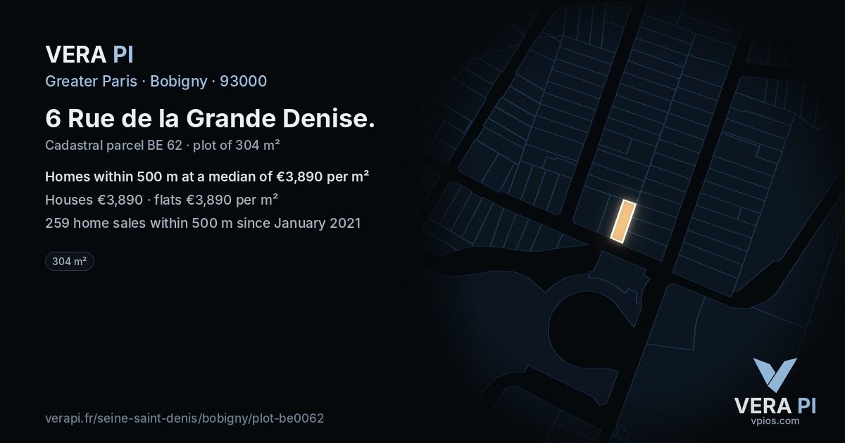 6 Rue de la Grande Denise, Bobigny at night – the plot lit, the parcels around coloured by the prices near them