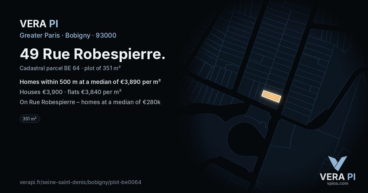 49 Rue Robespierre, Bobigny at night – the plot lit, the parcels around coloured by the prices near them