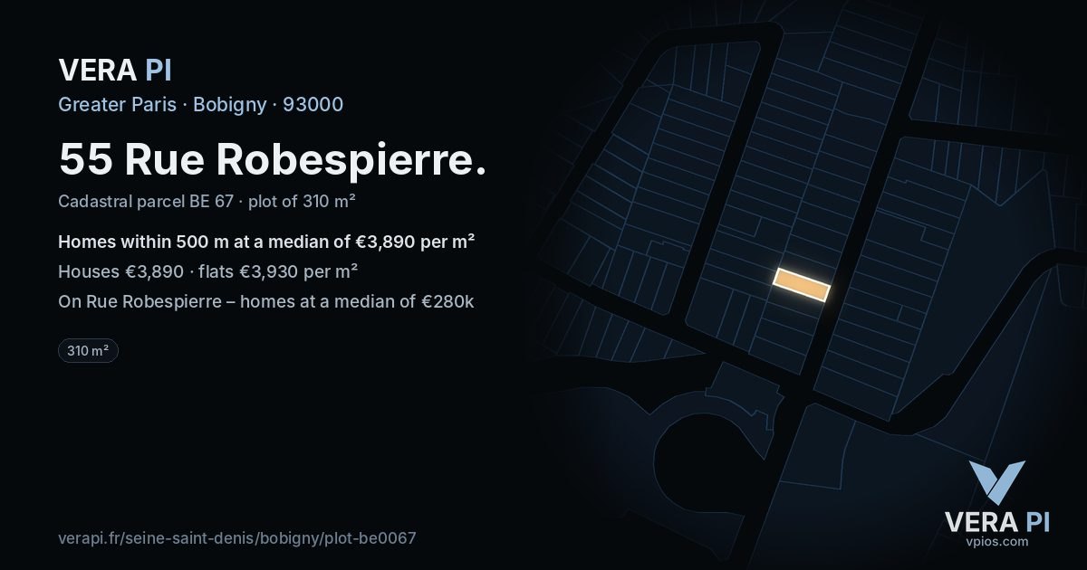 55 Rue Robespierre, Bobigny at night – the plot lit, the parcels around coloured by the prices near them