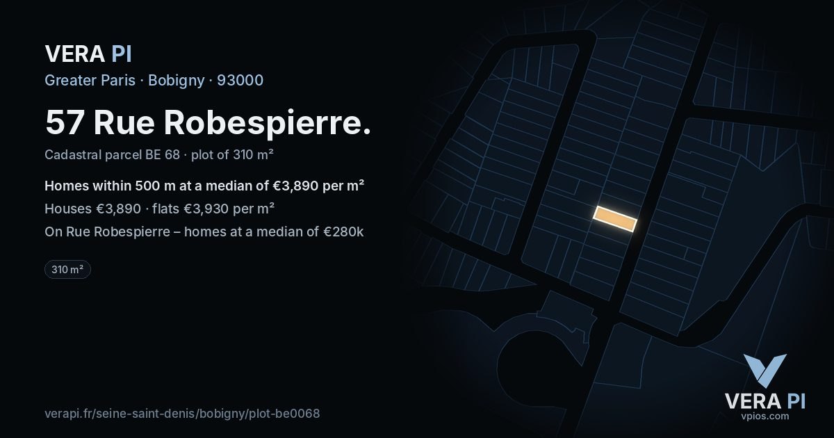 57 Rue Robespierre, Bobigny at night – the plot lit, the parcels around coloured by the prices near them