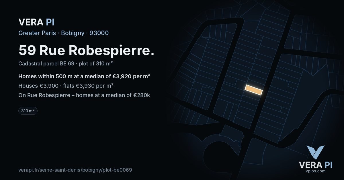59 Rue Robespierre, Bobigny at night – the plot lit, the parcels around coloured by the prices near them
