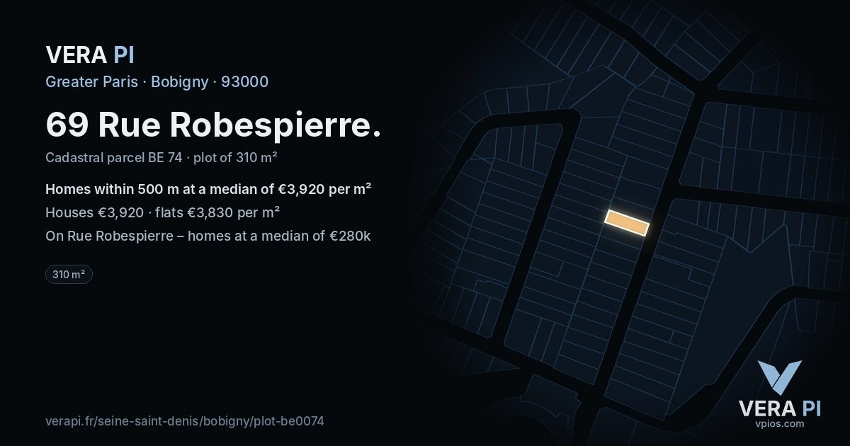 69 Rue Robespierre, Bobigny at night – the plot lit, the parcels around coloured by the prices near them