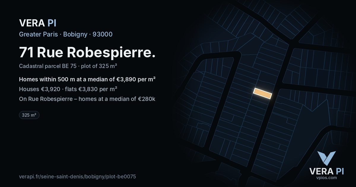 71 Rue Robespierre, Bobigny at night – the plot lit, the parcels around coloured by the prices near them