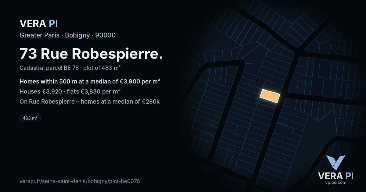 73 Rue Robespierre, Bobigny at night – the plot lit, the parcels around coloured by the prices near them