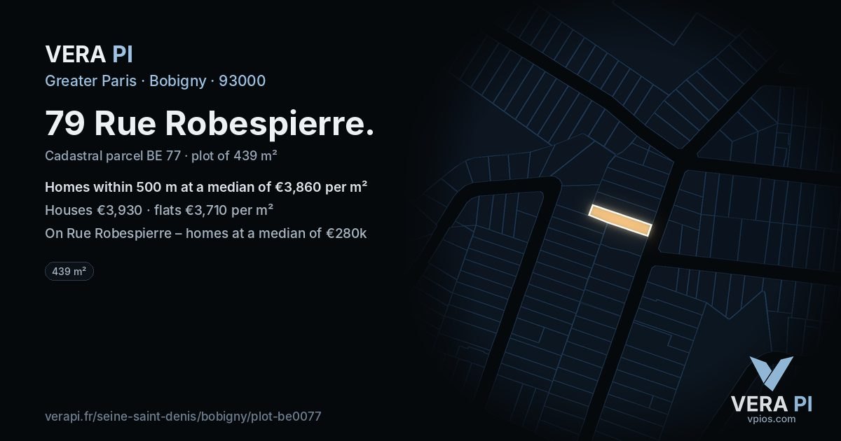 79 Rue Robespierre, Bobigny at night – the plot lit, the parcels around coloured by the prices near them
