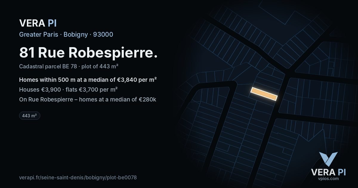 81 Rue Robespierre, Bobigny at night – the plot lit, the parcels around coloured by the prices near them
