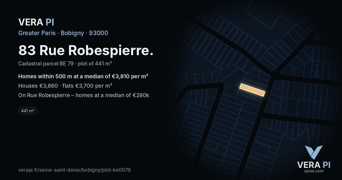 83 Rue Robespierre, Bobigny at night – the plot lit, the parcels around coloured by the prices near them